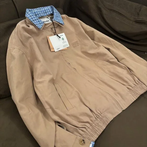 Miu Miu Women's Casual Zip-Collar Layered-Look Jacket — Beige, Size M - Picture 5 of 5